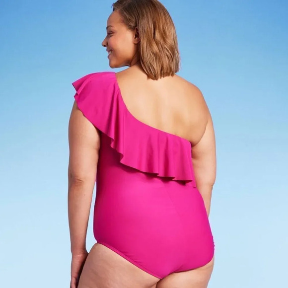 Kona Sol Pink Ruffle One-Shoulder High-Coverage One-Piece Swimsuit Size 22 NWT - Picture 2 of 11